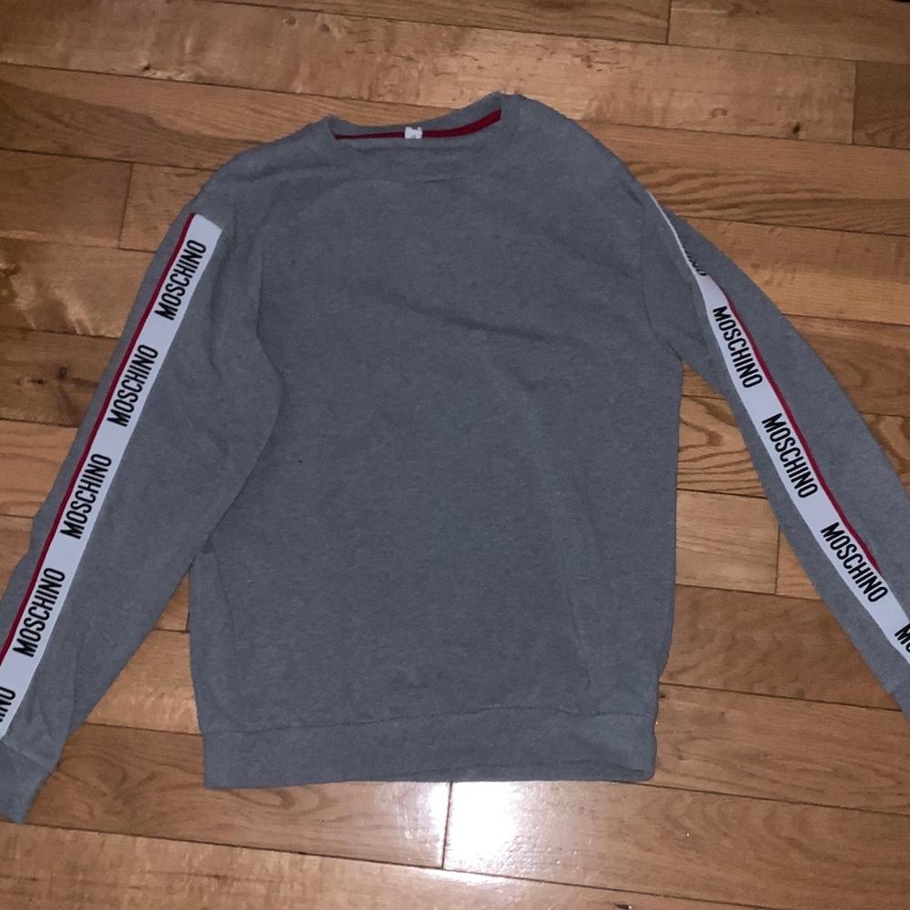 Moschino Gray Crewneck Sweater with Logo Stripes